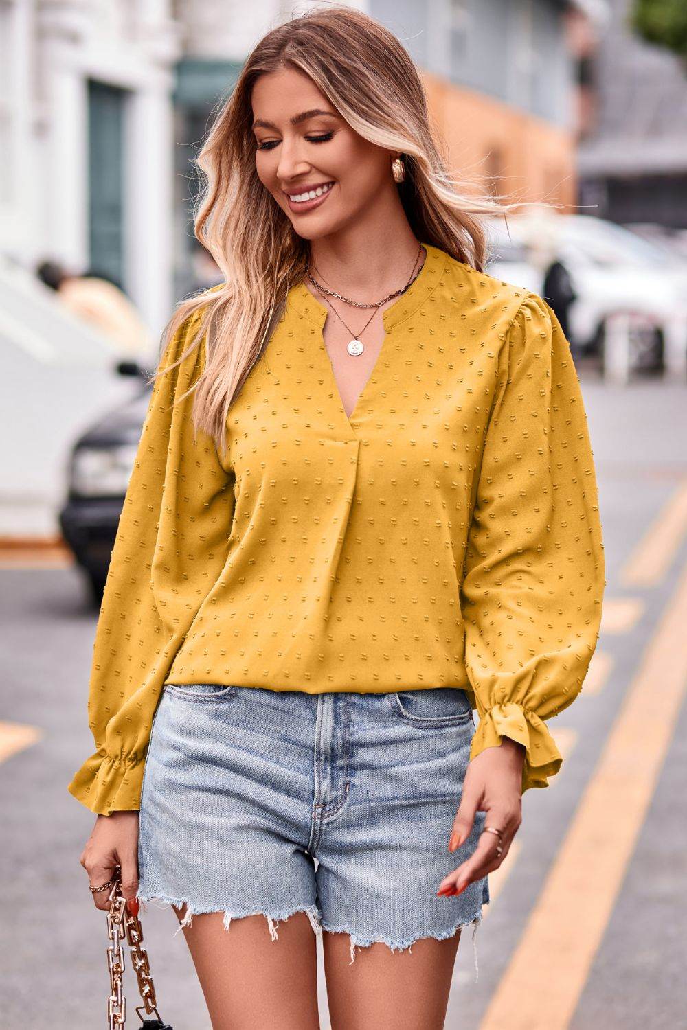 Swiss Dot Notched Neck Flounce Sleeve Blouse - MARIGOLD