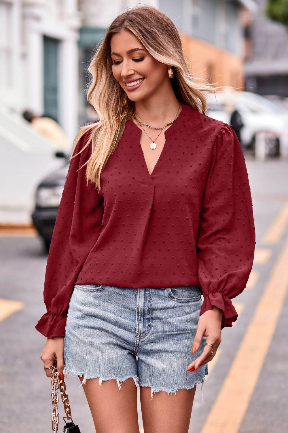 Swiss Dot Notched Neck Flounce Sleeve Blouse - MARIGOLD