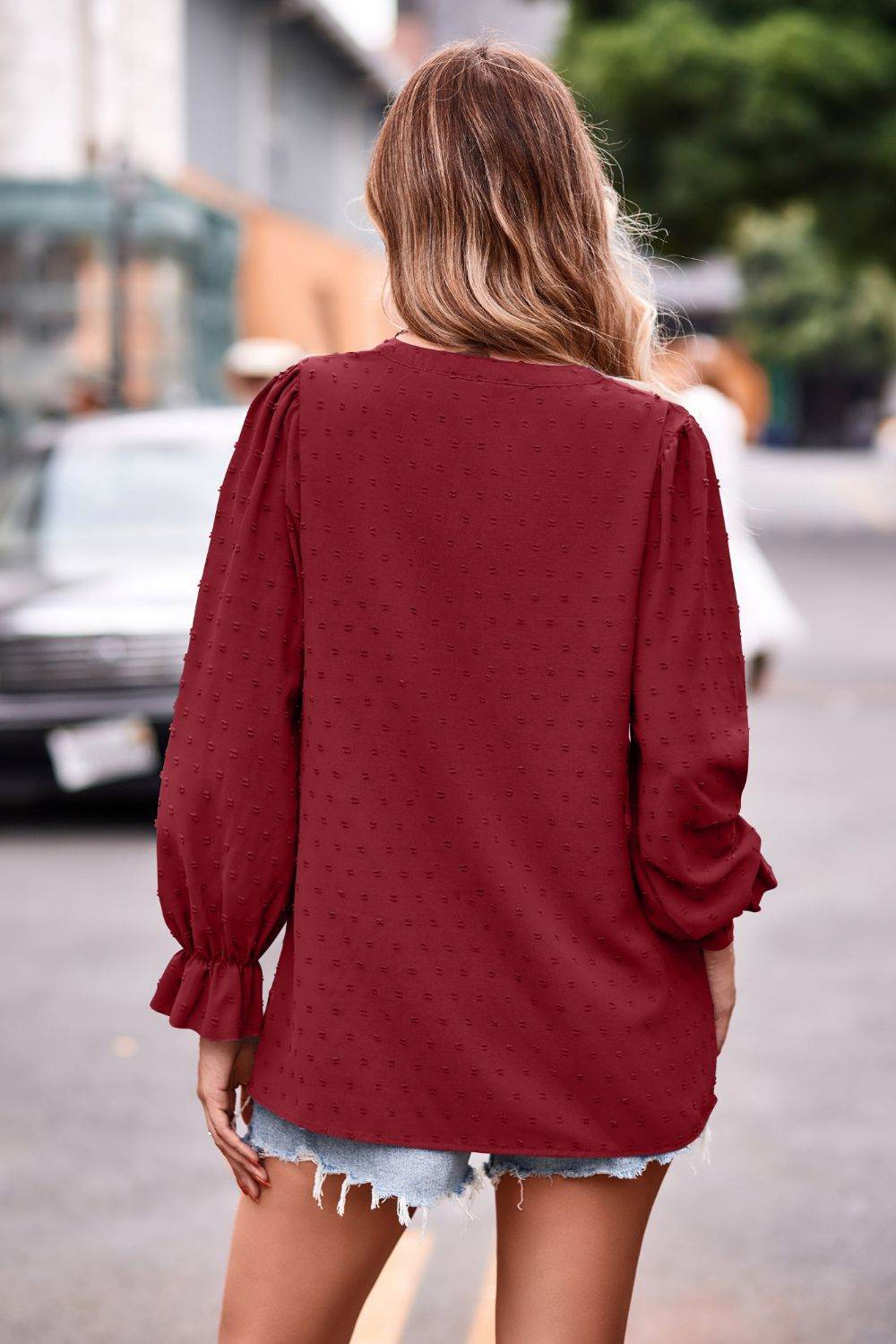 Swiss Dot Notched Neck Flounce Sleeve Blouse - MARIGOLD