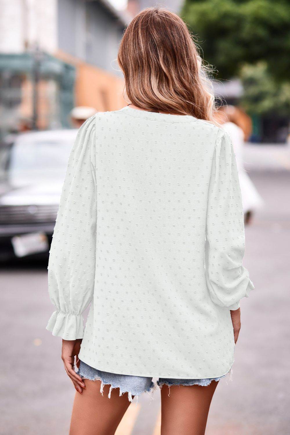 Swiss Dot Notched Neck Flounce Sleeve Blouse - MARIGOLD