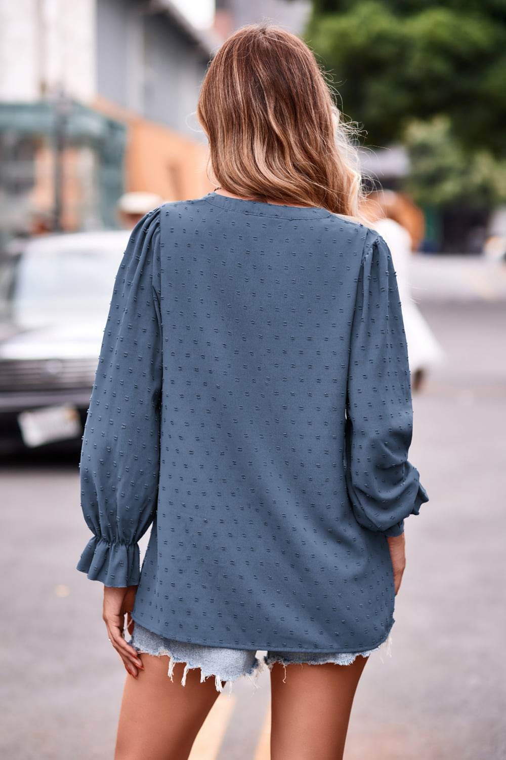 Swiss Dot Notched Neck Flounce Sleeve Blouse - MARIGOLD