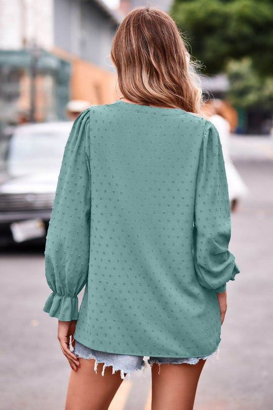 Swiss Dot Notched Neck Flounce Sleeve Blouse - MARIGOLD