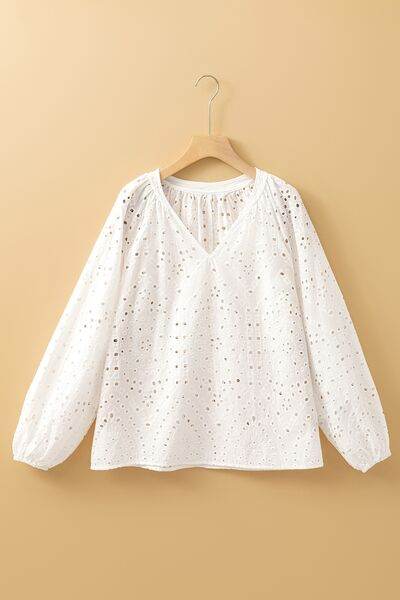 Eyelet V-Neck Long Sleeve Blouse - MARIGOLD
