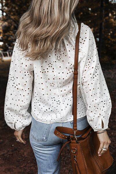 Eyelet V-Neck Long Sleeve Blouse - MARIGOLD