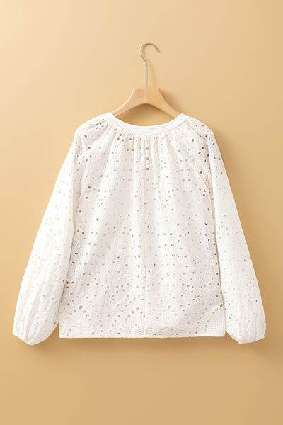Eyelet V-Neck Long Sleeve Blouse - MARIGOLD
