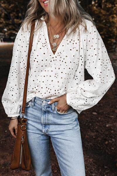 Eyelet V-Neck Long Sleeve Blouse - MARIGOLD