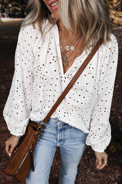 Eyelet V-Neck Long Sleeve Blouse - MARIGOLD