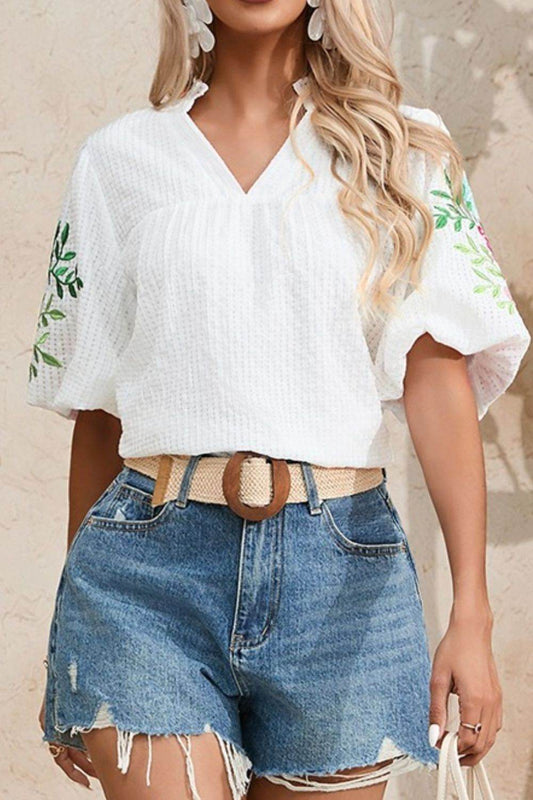 Floral-Embroidered Puff-Sleeve Notched Blouse - MARIGOLD