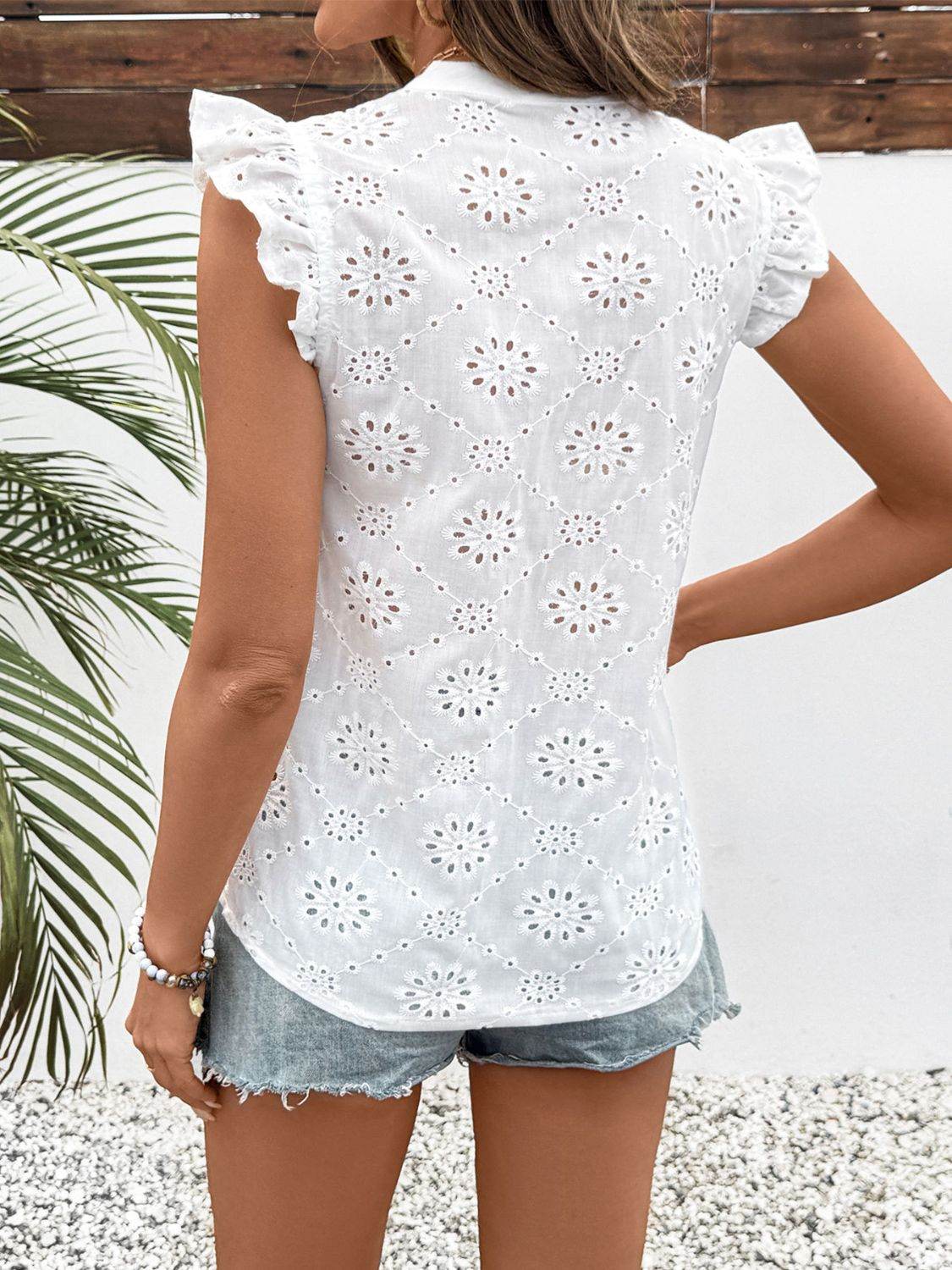 Eyelet Blouse with Ruffled Cap Sleeves and Notched Neckline - MARIGOLD