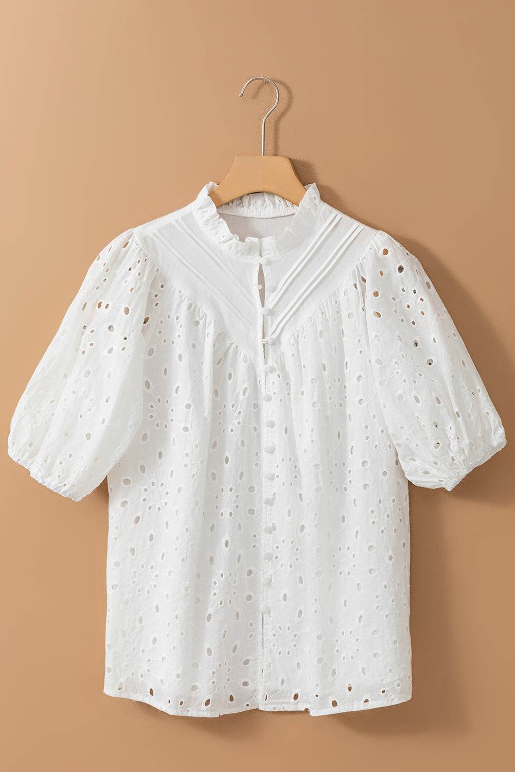 Eyelet Button Up Half Sleeve Blouse - MARIGOLD