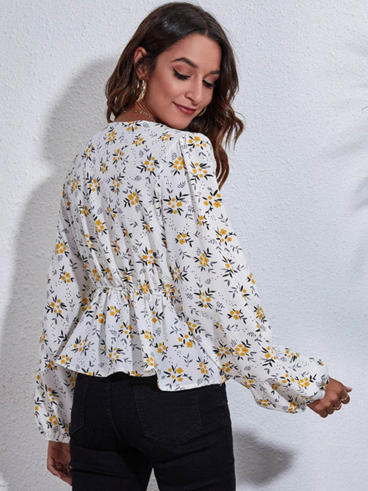 Floral V-Neck Balloon Sleeve Peplum Blouse - MARIGOLD