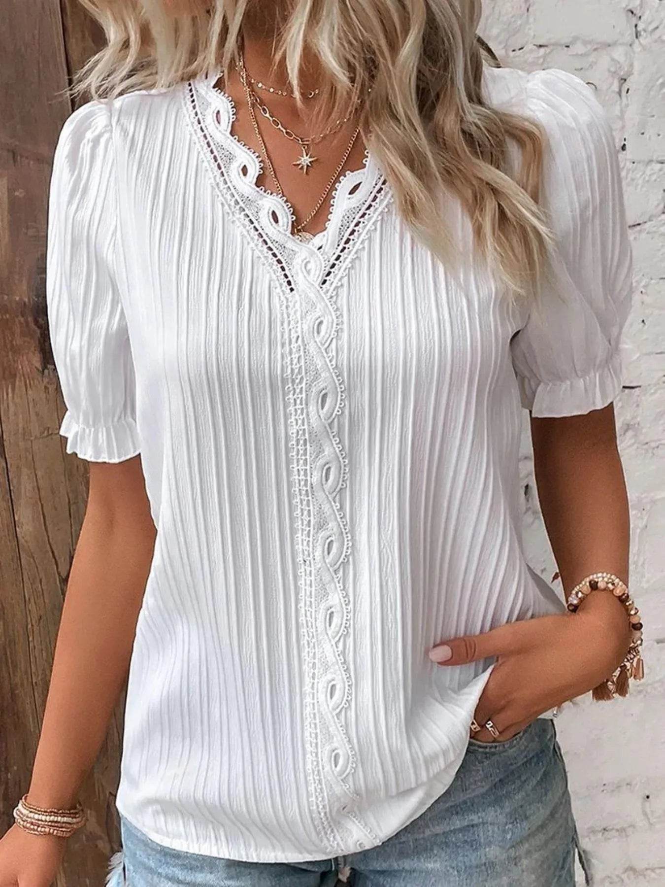 Lace Detail V-Neck Blouse Plus Size - MARIGOLD
