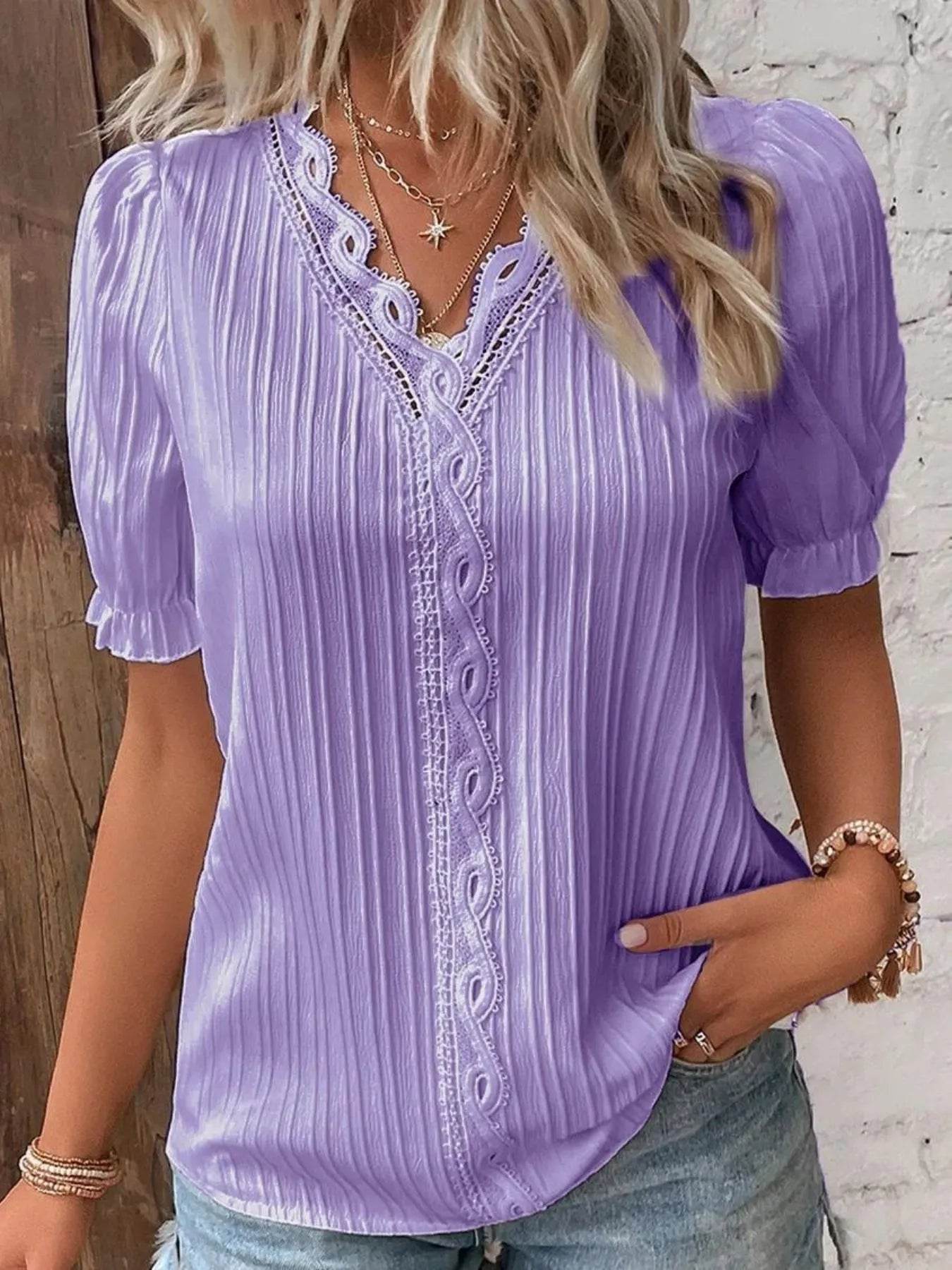 Lace Detail V-Neck Blouse Plus Size - MARIGOLD