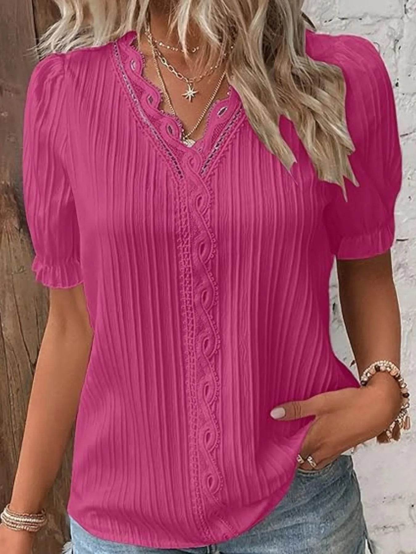 Lace Detail V-Neck Blouse Plus Size - MARIGOLD