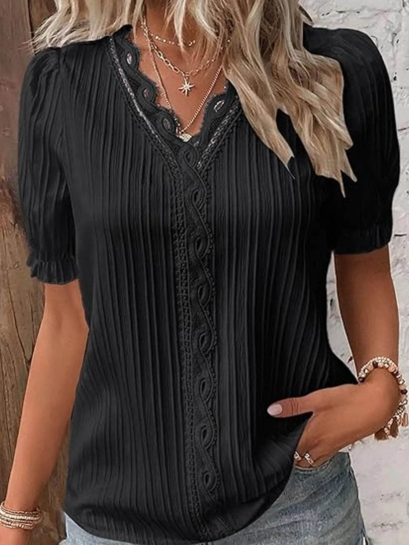 Lace Detail V-Neck Blouse Plus Size - MARIGOLD