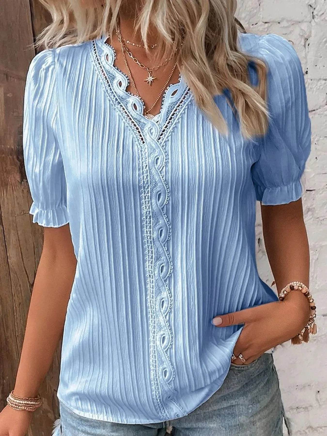 Lace Detail V-Neck Blouse Plus Size - MARIGOLD