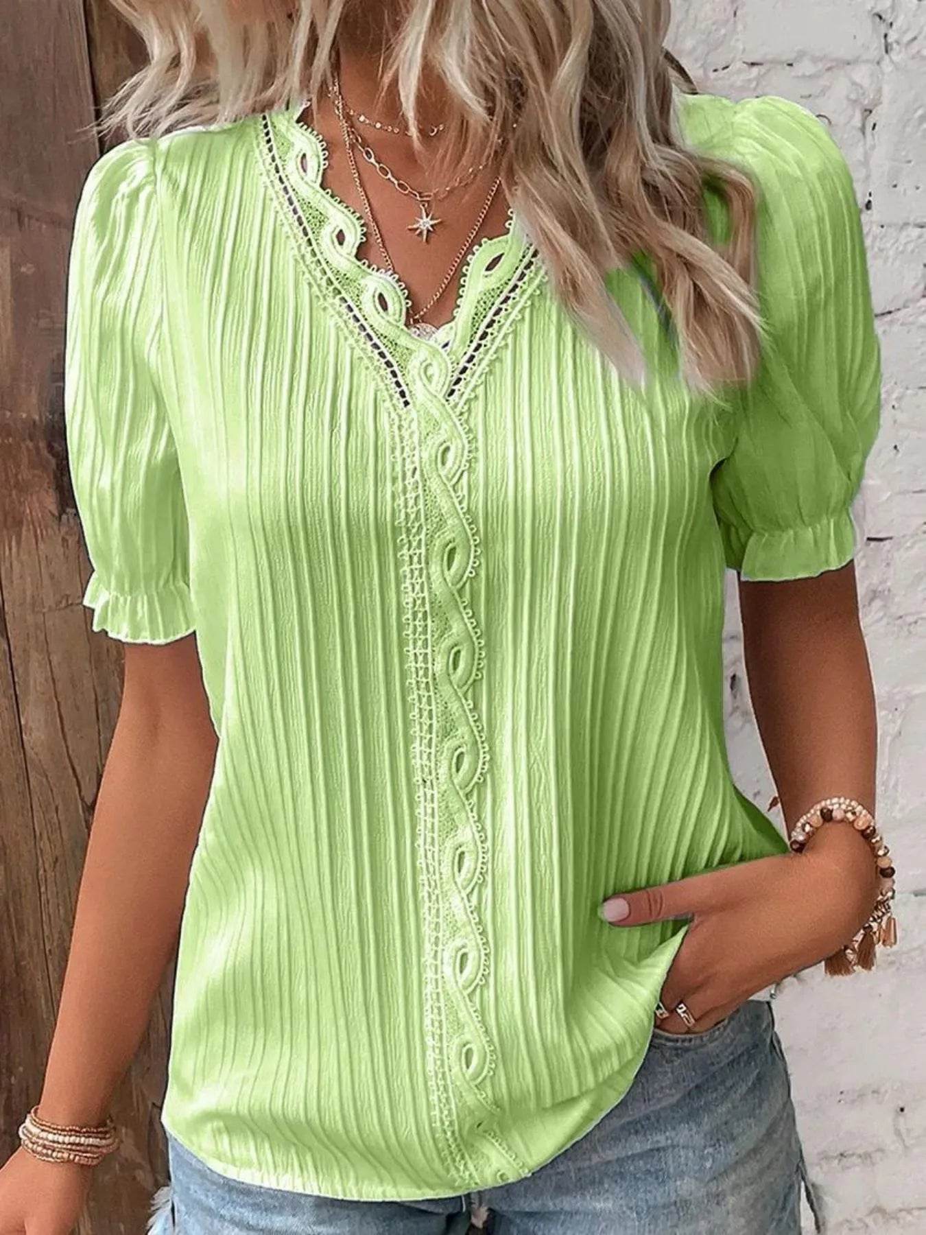 Lace Detail V-Neck Blouse Plus Size - MARIGOLD