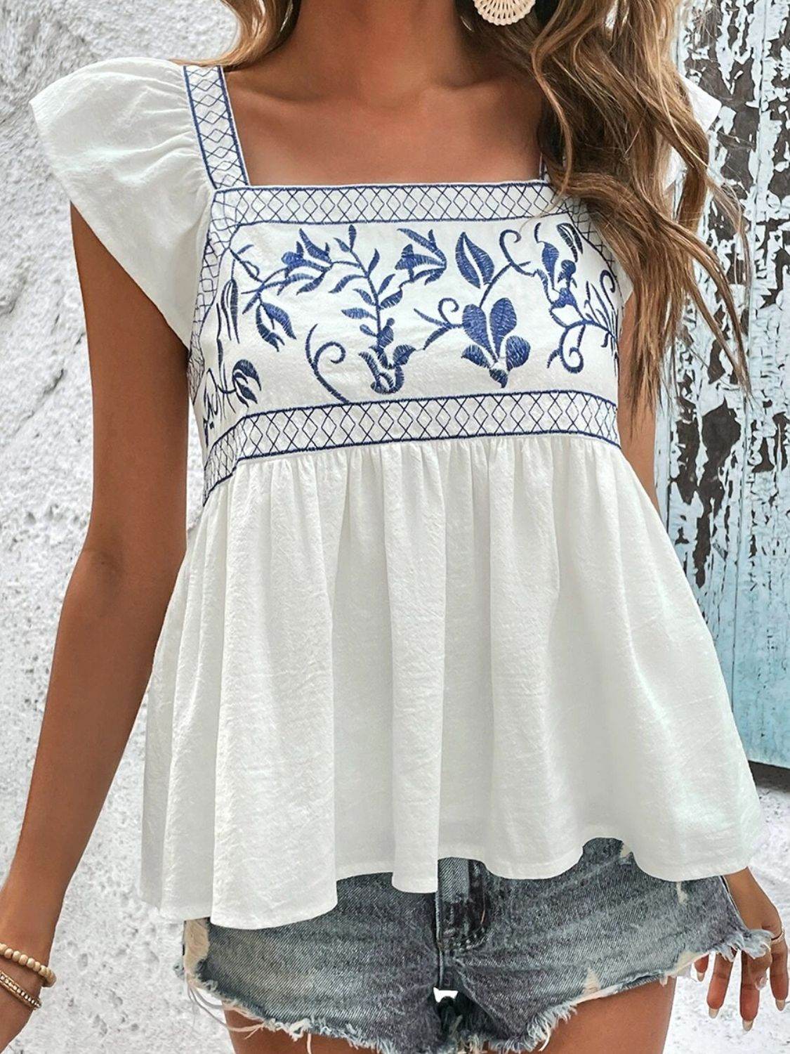 Tied Embroidered Ruffled Square Neck Cap Sleeve Blouse - MARIGOLD