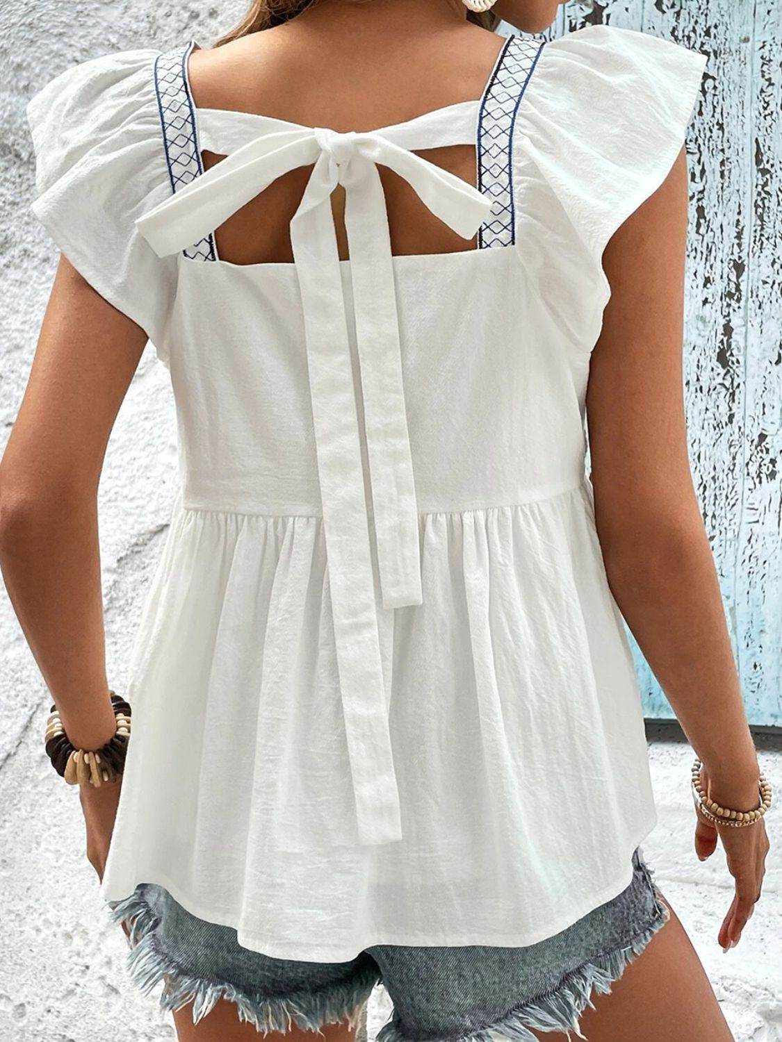 Tied Embroidered Ruffled Square Neck Cap Sleeve Blouse - MARIGOLD