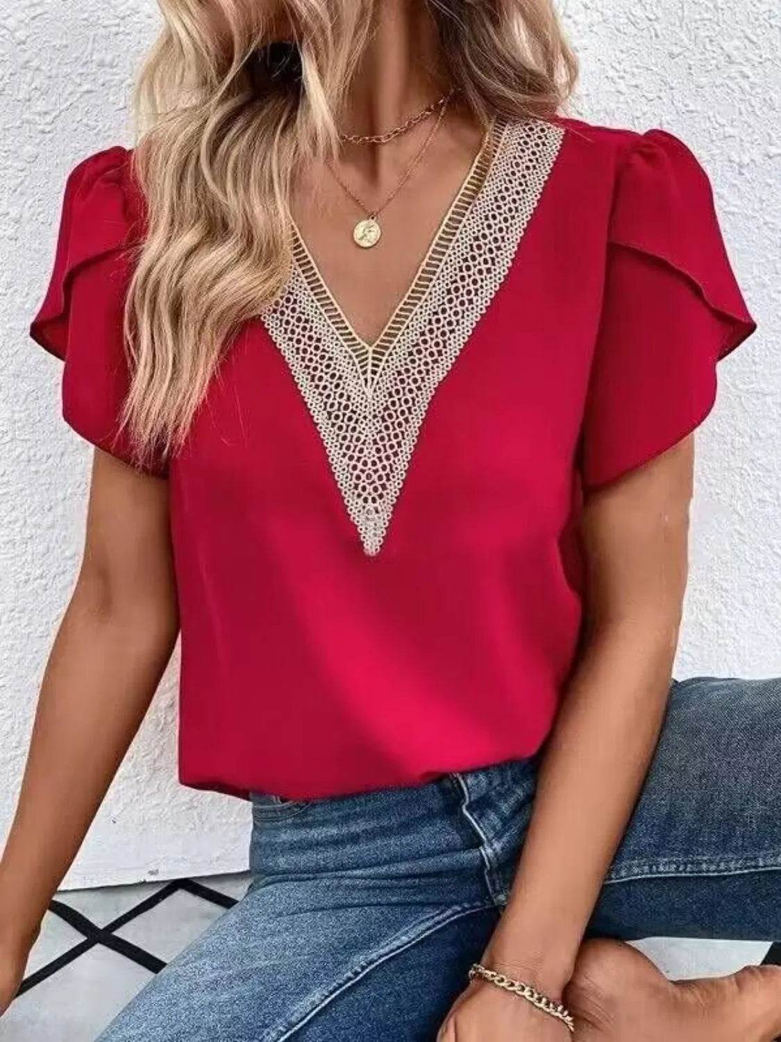 V-Neck Petal Sleeve Blouse - MARIGOLD