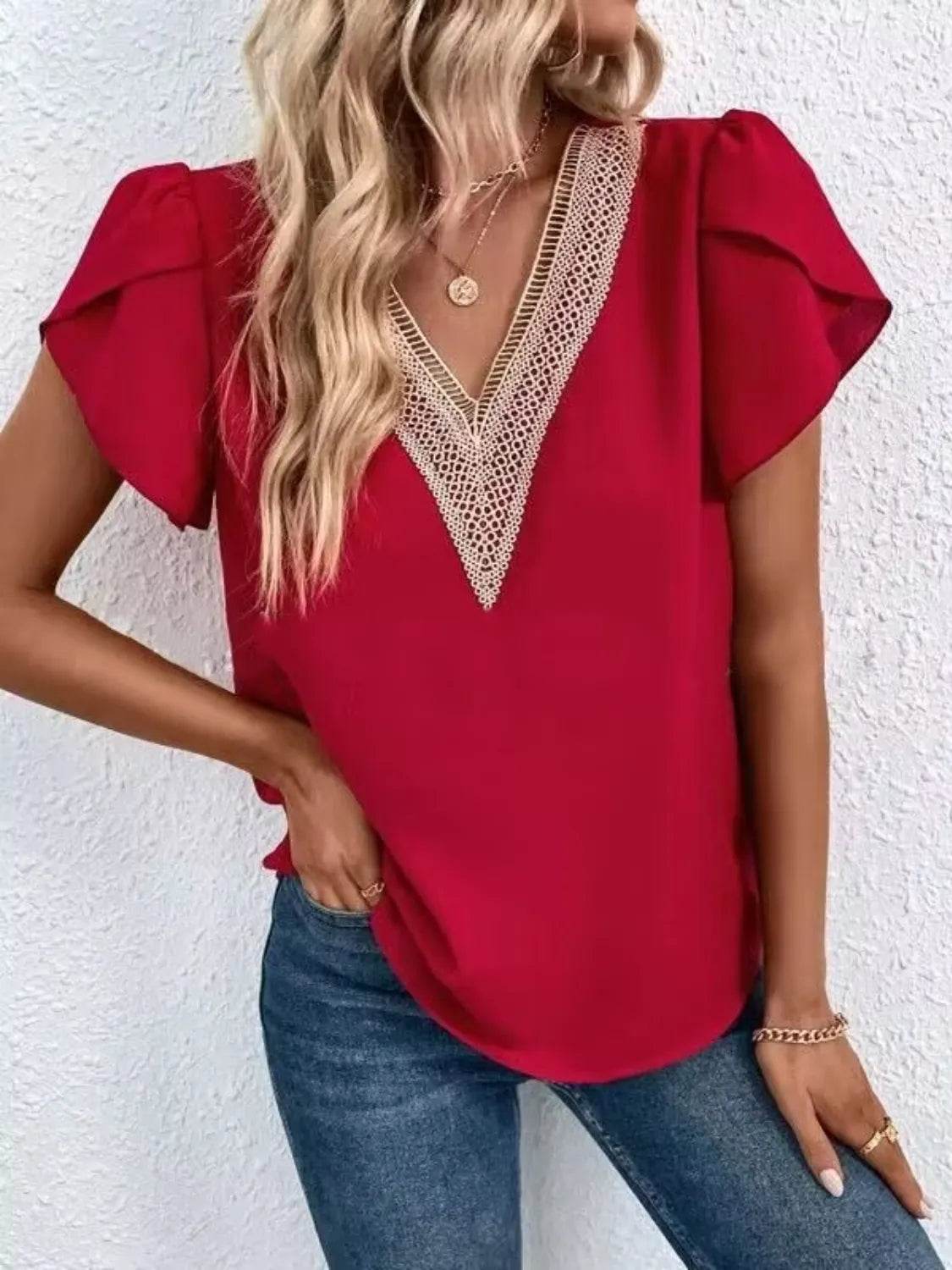 V-Neck Petal Sleeve Blouse - MARIGOLD