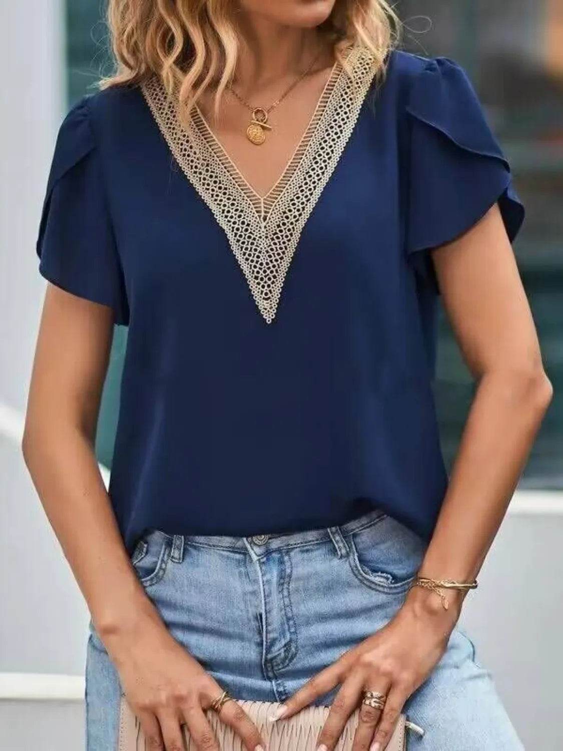 V-Neck Petal Sleeve Blouse - MARIGOLD