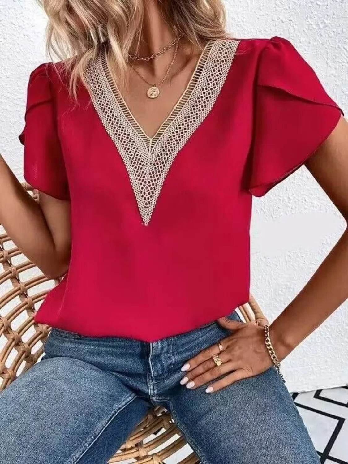V-Neck Petal Sleeve Blouse - MARIGOLD