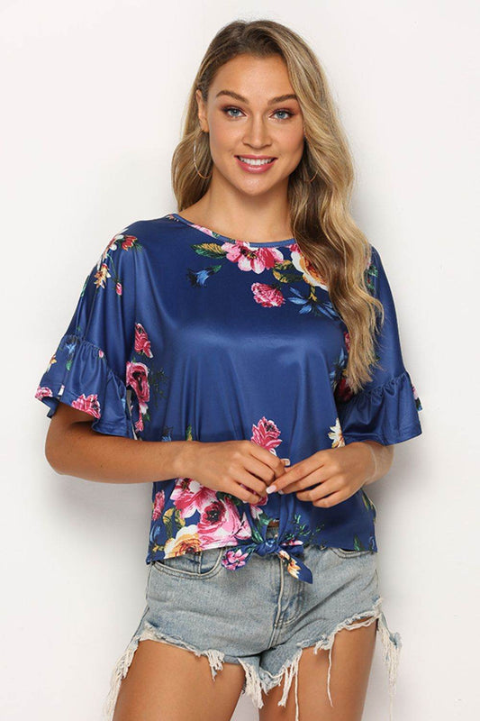 Shiny Floral Tie Hem Flounce Sleeve Top - MARIGOLD