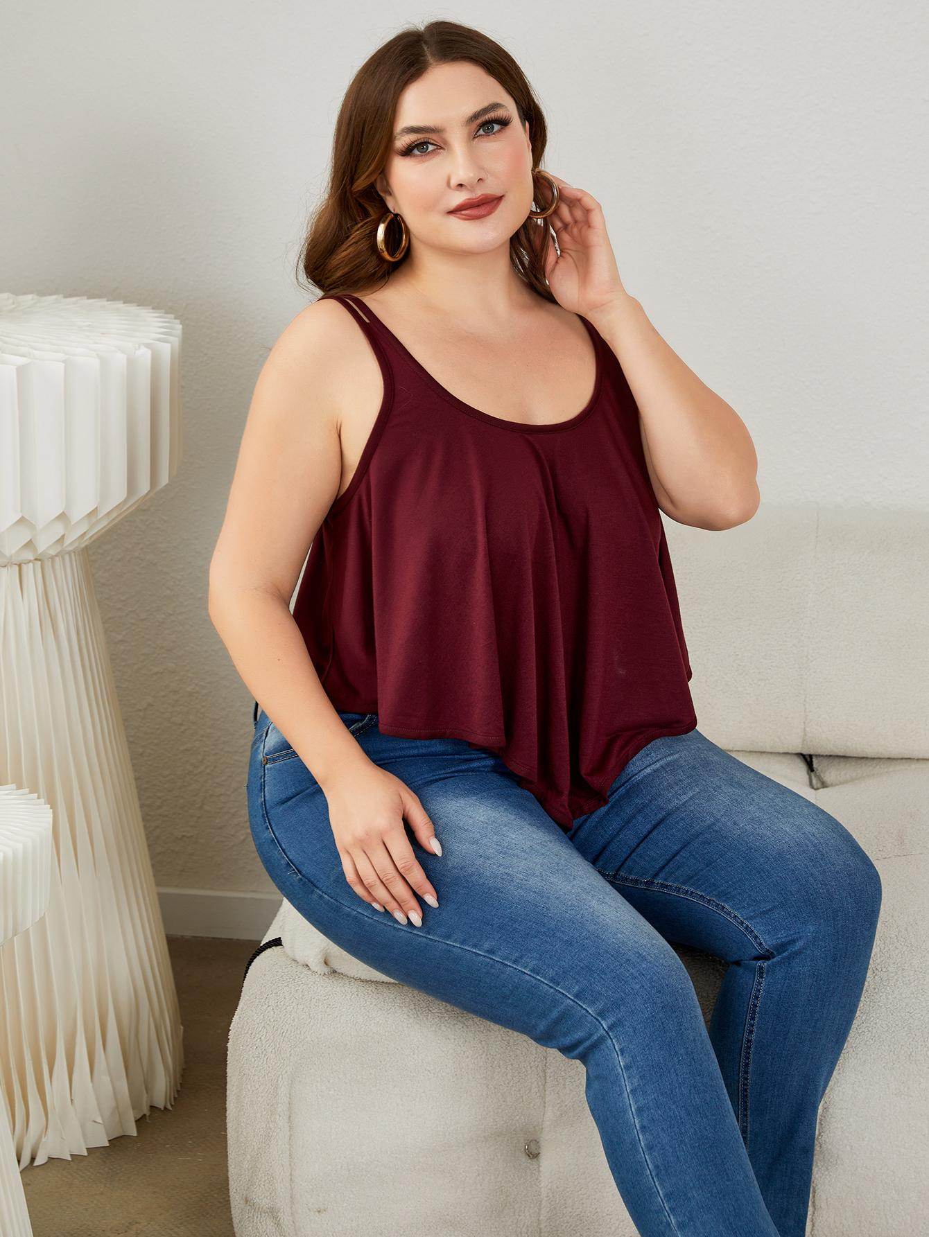 Burgundy Plus Size Double-Strap Scoop Neck Cami - MARIGOLD