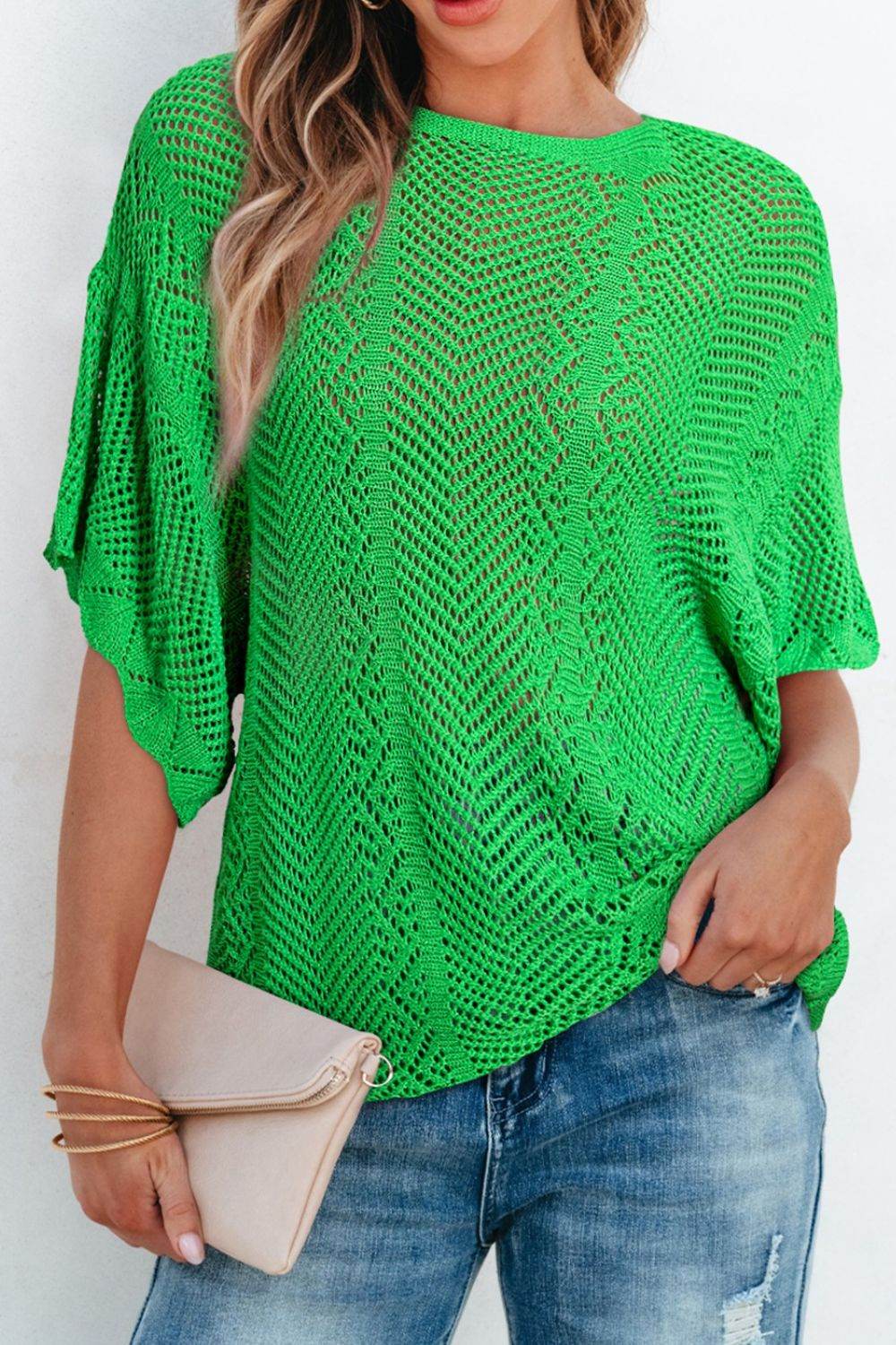 Scallop Edge Half Sleeve Pointelle Knit Top - MARIGOLD
