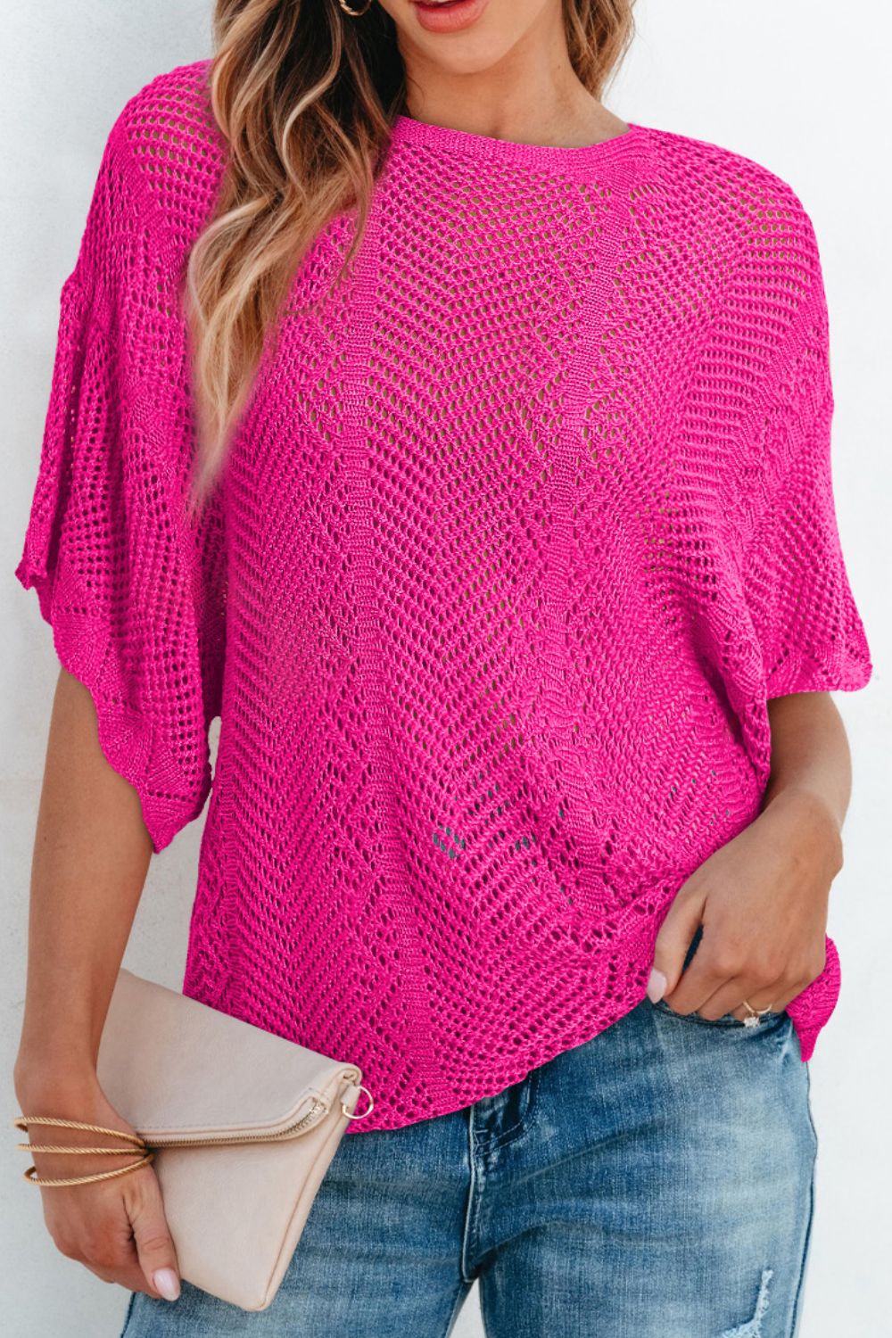 Scallop Edge Half Sleeve Pointelle Knit Top - MARIGOLD