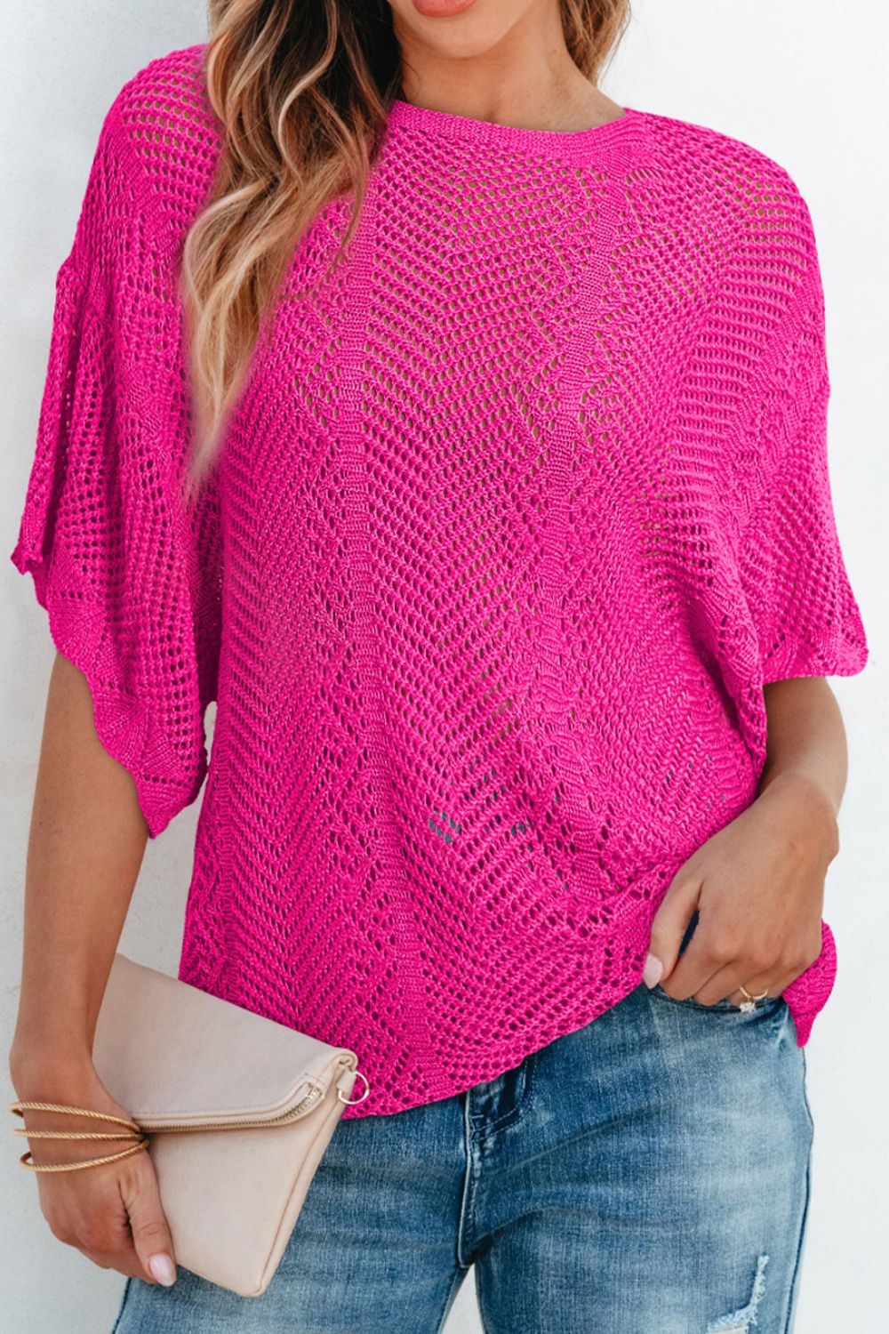 Scallop Edge Half Sleeve Pointelle Knit Top - MARIGOLD