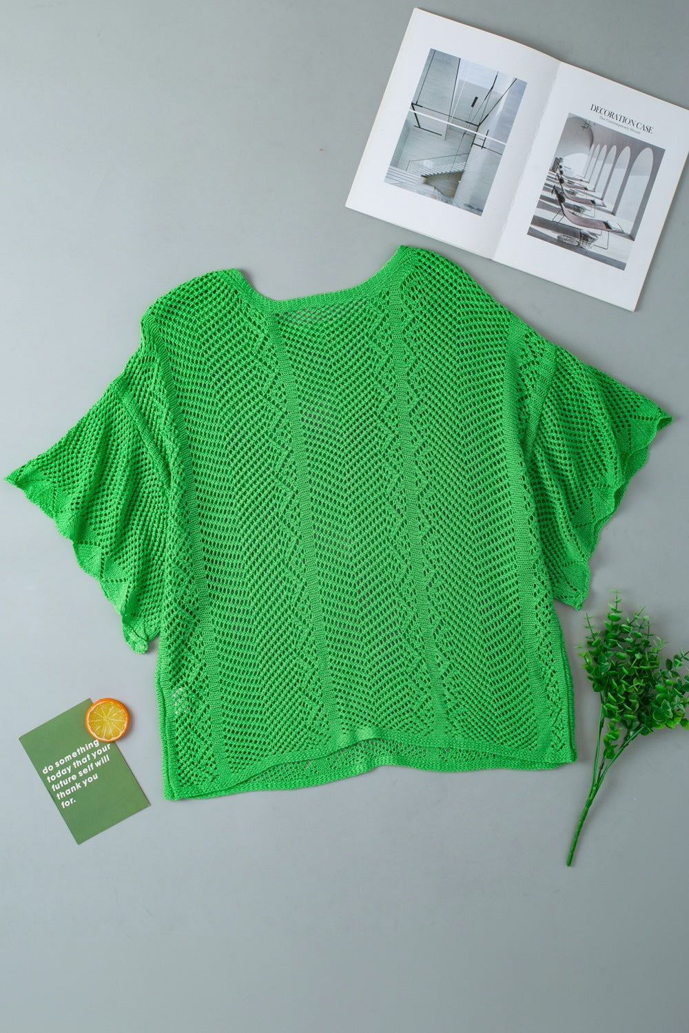 Scallop Edge Half Sleeve Pointelle Knit Top - MARIGOLD