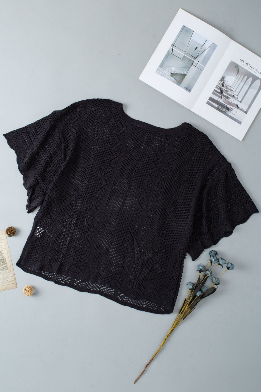 Scallop Edge Half Sleeve Pointelle Knit Top - MARIGOLD