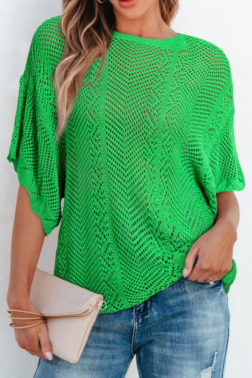 Scallop Edge Half Sleeve Pointelle Knit Top - MARIGOLD