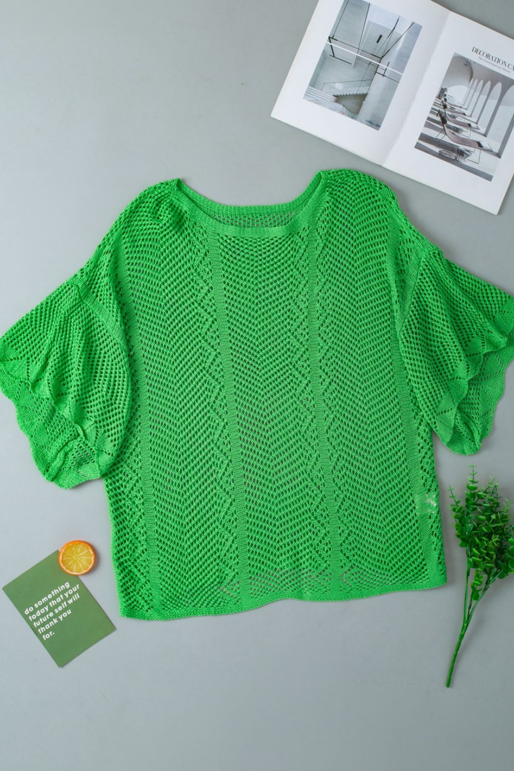 Scallop Edge Half Sleeve Pointelle Knit Top - MARIGOLD