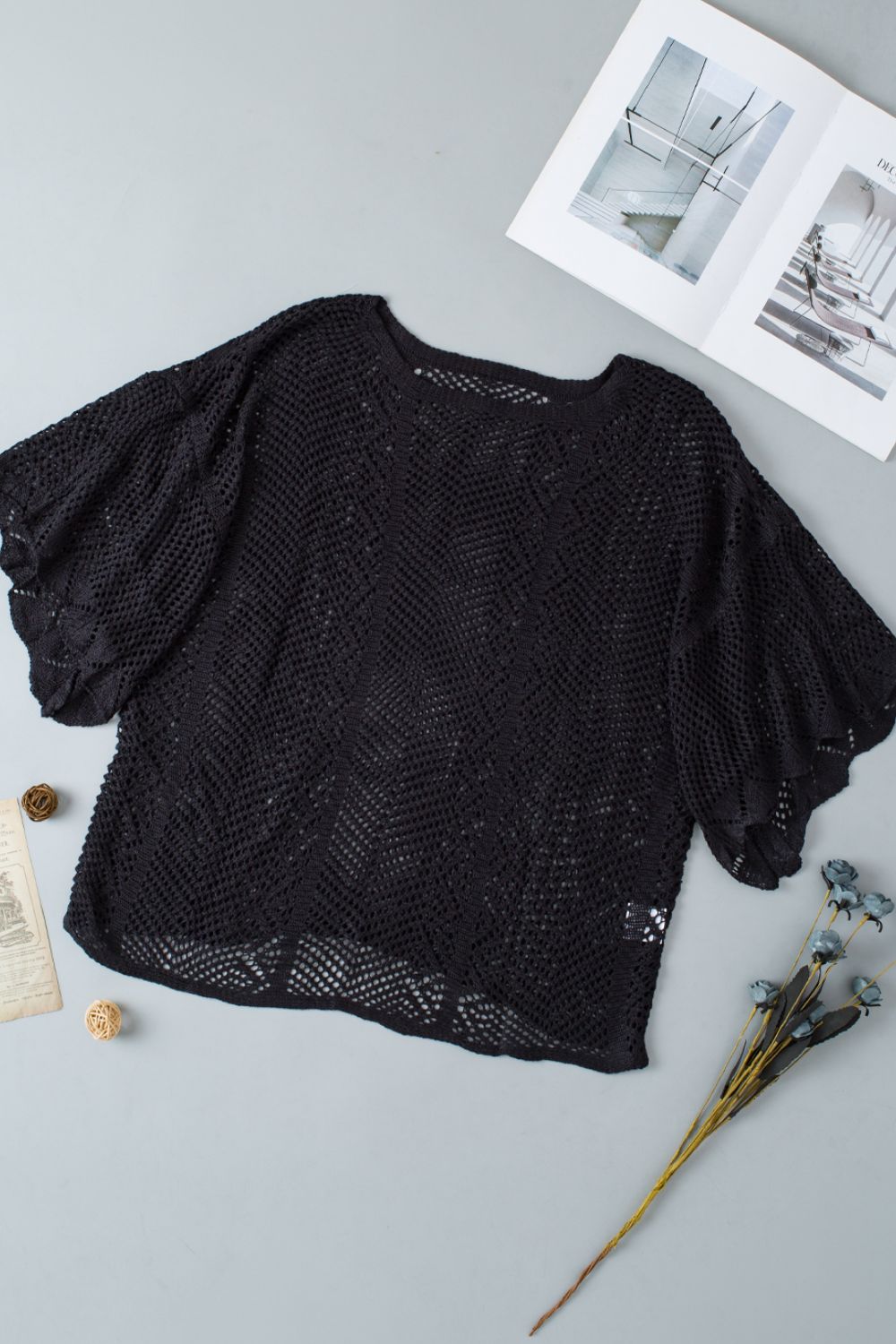 Scallop Edge Half Sleeve Pointelle Knit Top - MARIGOLD