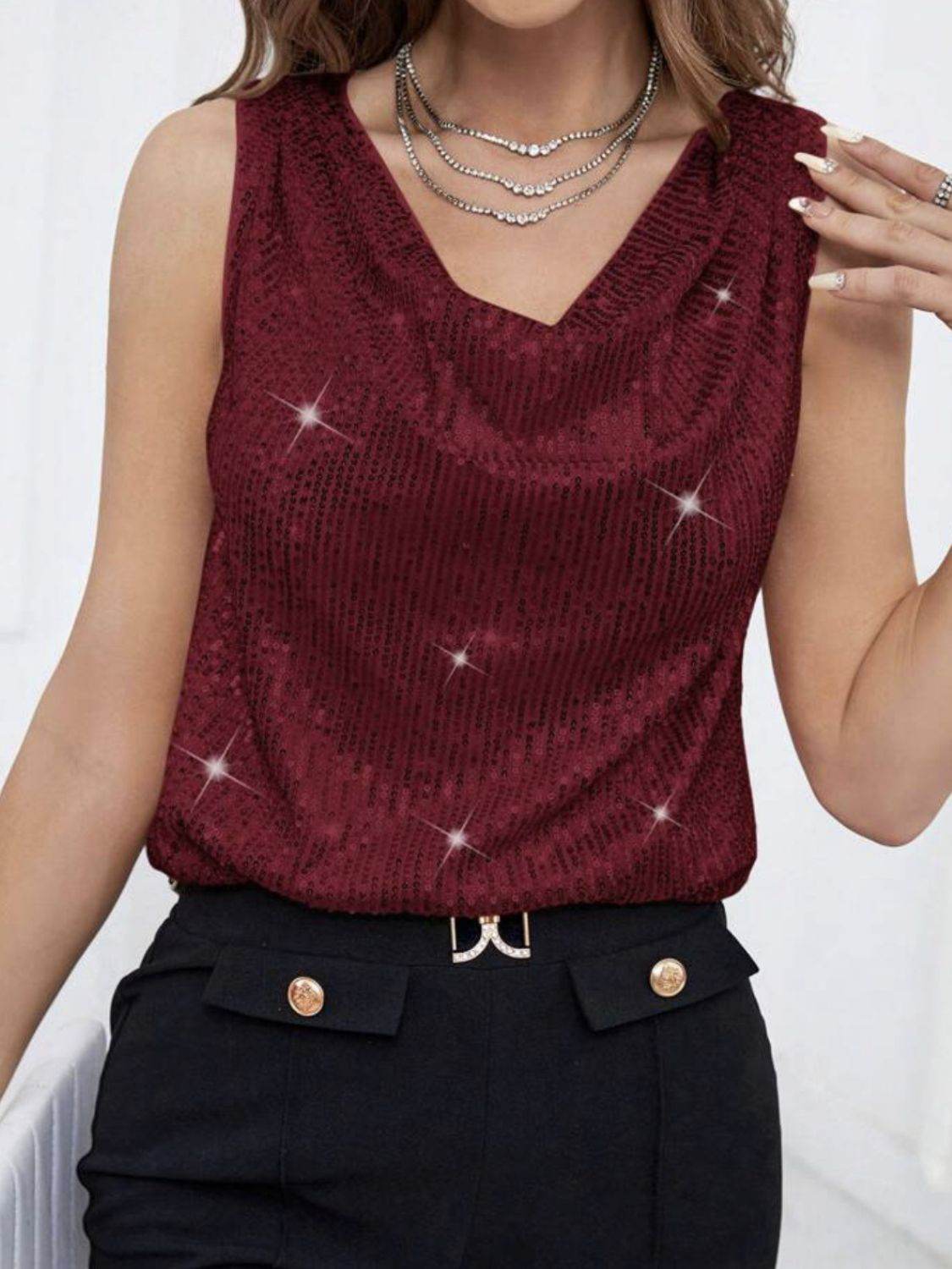 Sequin Cowl Neck Sleeveless Top - MARIGOLD
