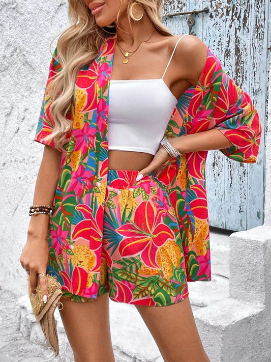 Vibrant Floral Kimono Top and Shorts Set - MARIGOLD