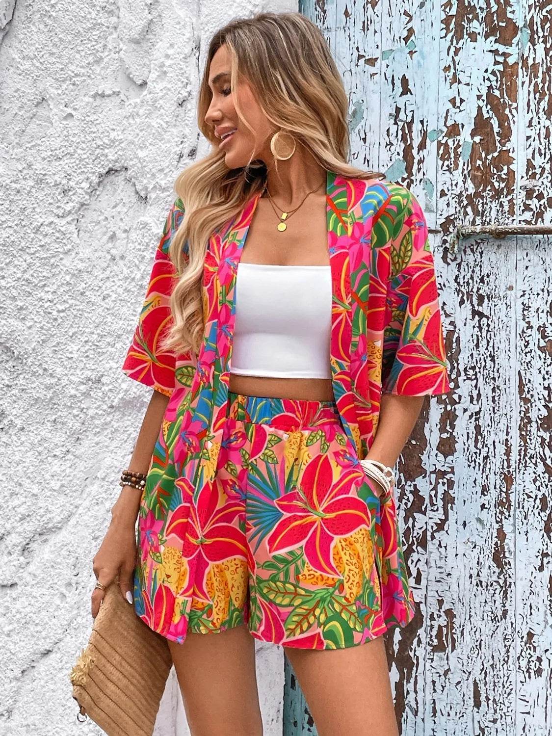 Vibrant Floral Kimono Top and Shorts Set - MARIGOLD
