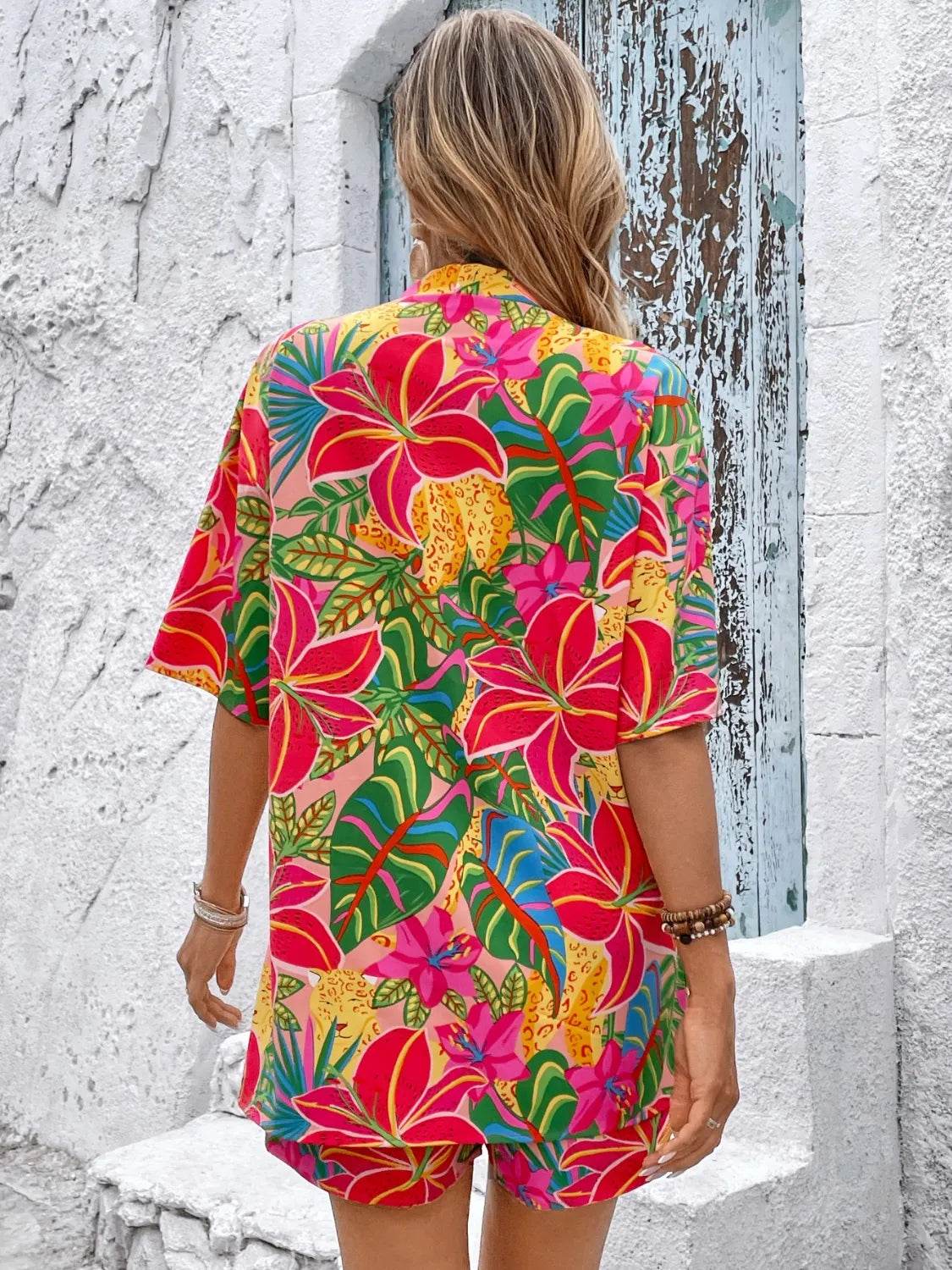 Vibrant Floral Kimono Top and Shorts Set - MARIGOLD