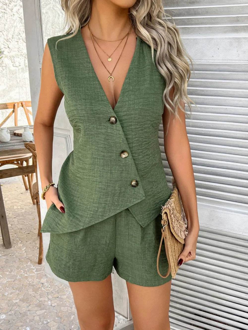 Button Down Sleeveless Top and Shorts Set - MARIGOLD