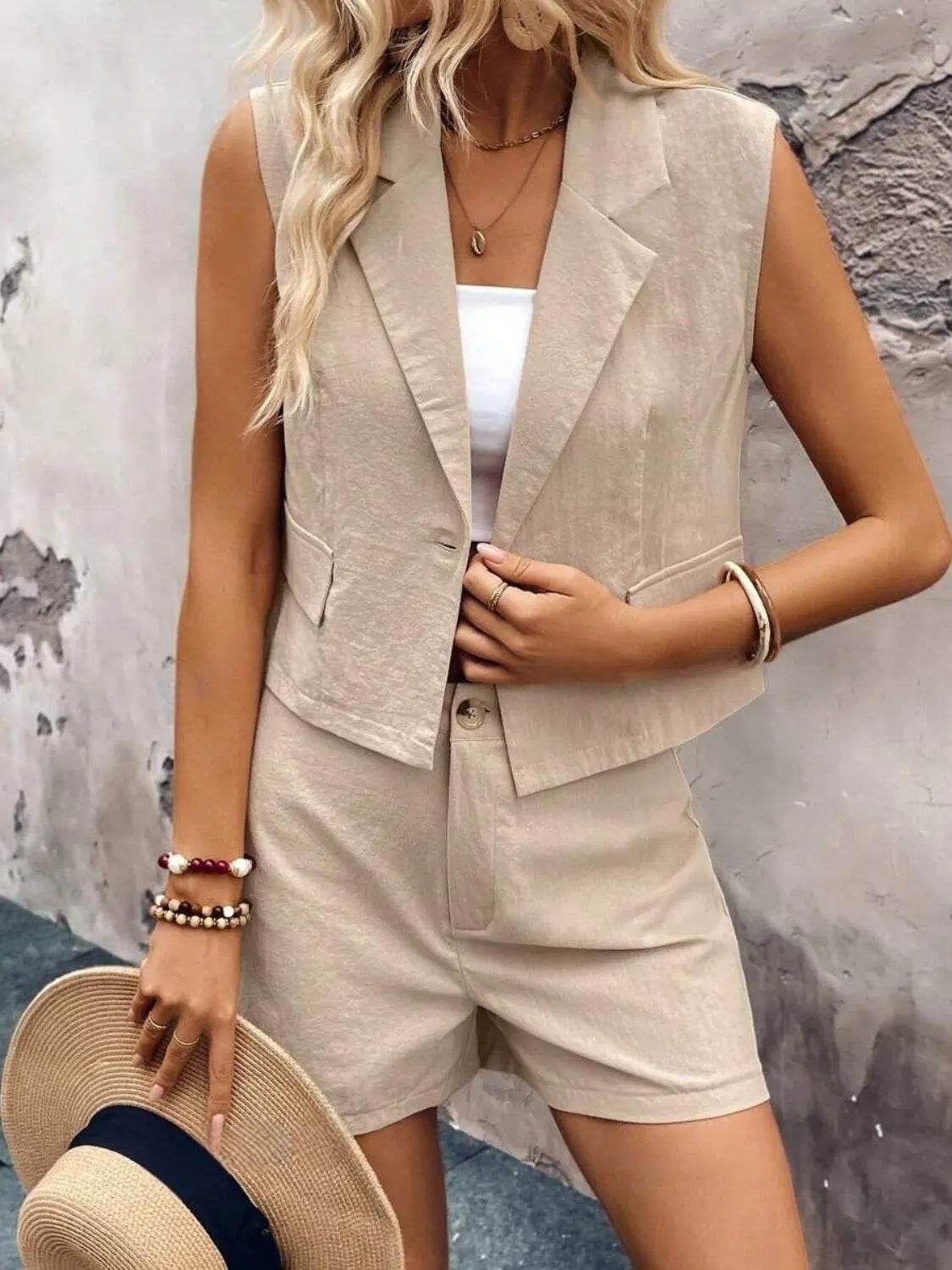 Lapel Vest and Shorts Set - MARIGOLD
