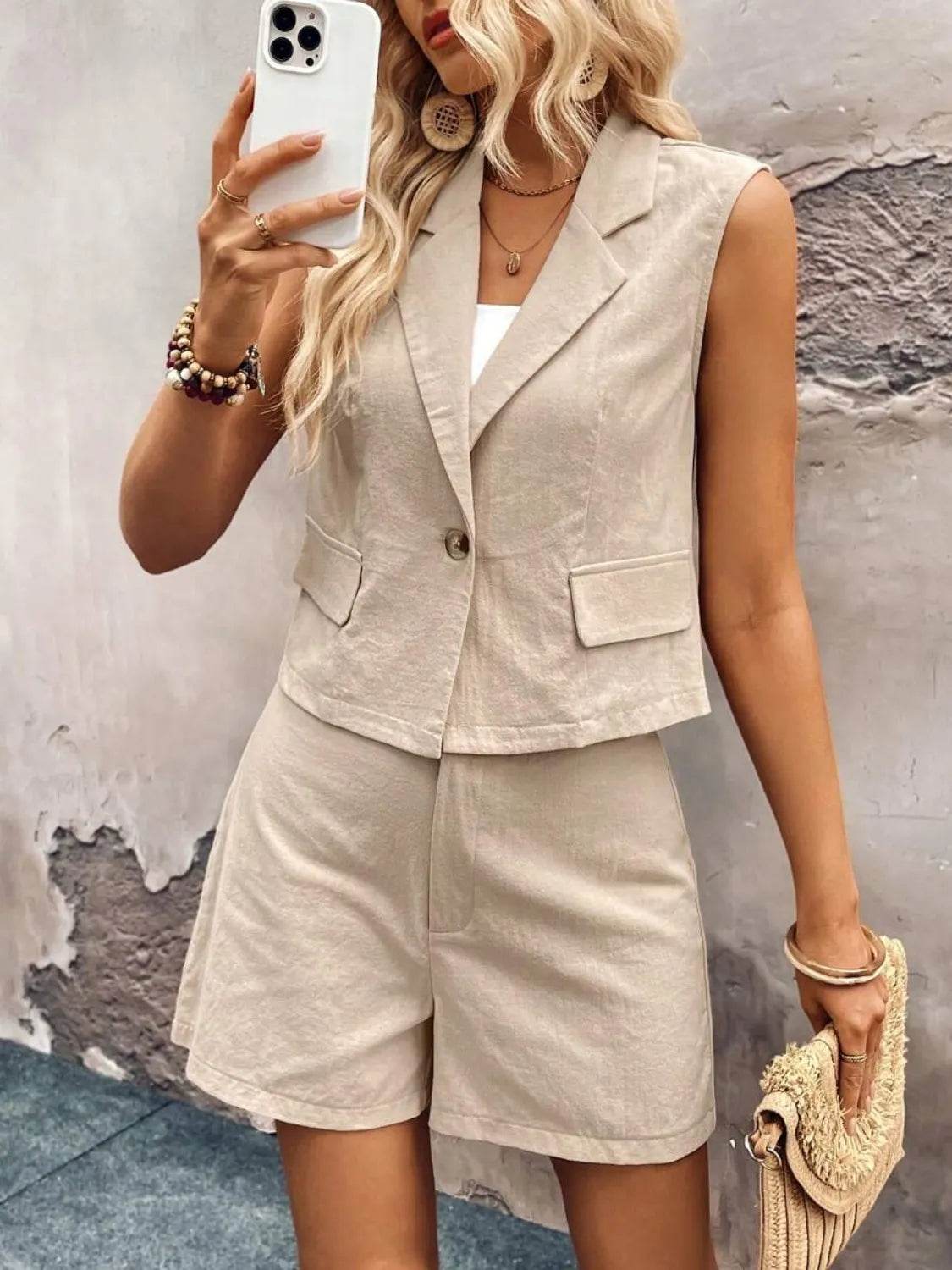 Lapel Vest and Shorts Set - MARIGOLD