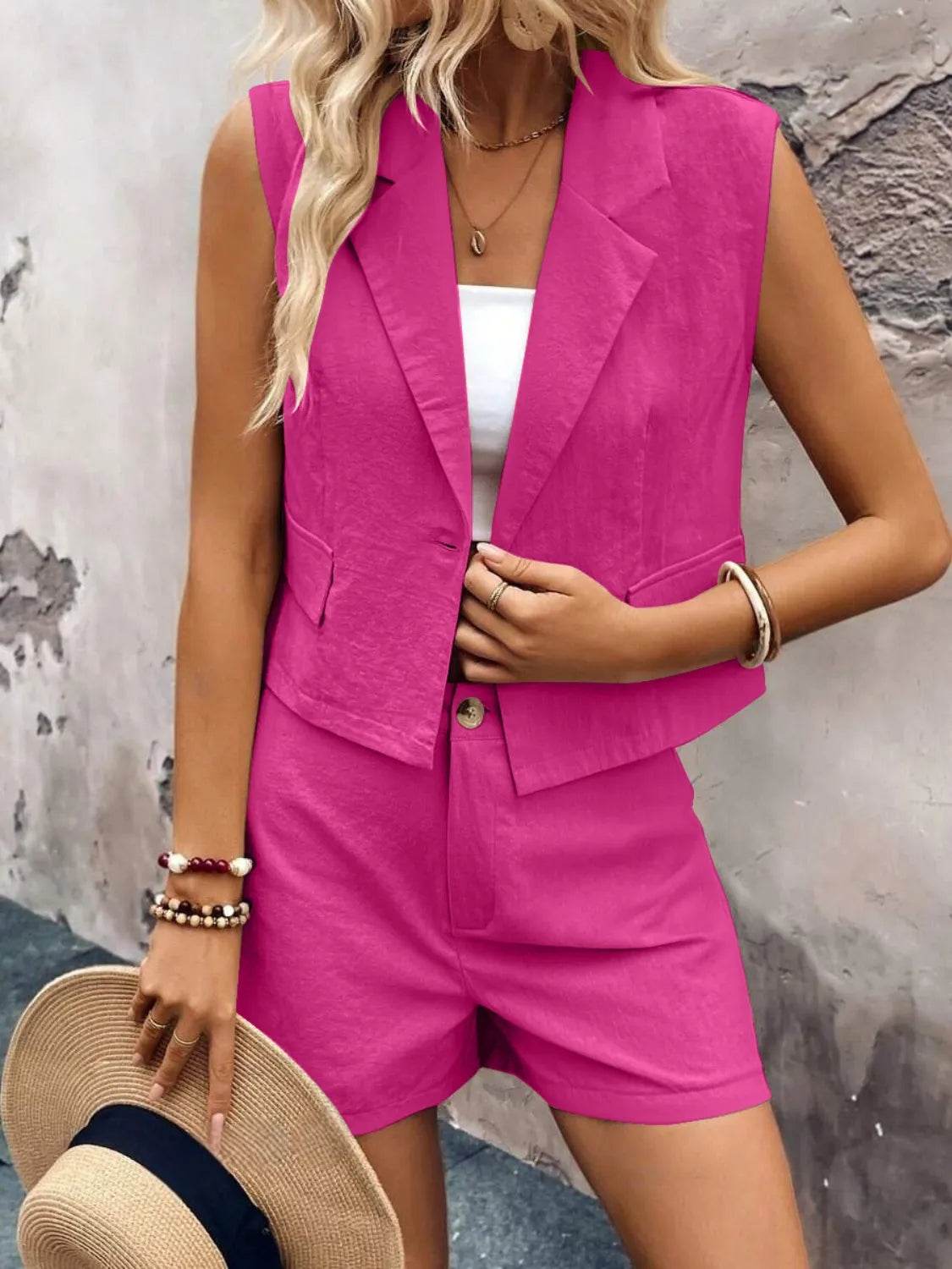 Lapel Vest and Shorts Set - MARIGOLD