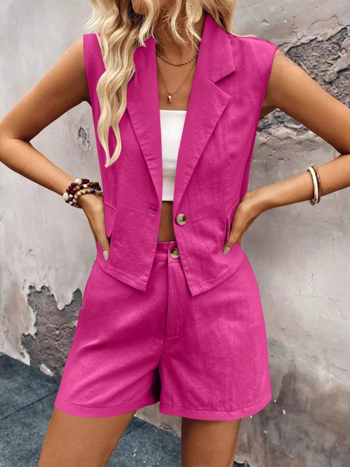 Lapel Vest and Shorts Set - MARIGOLD