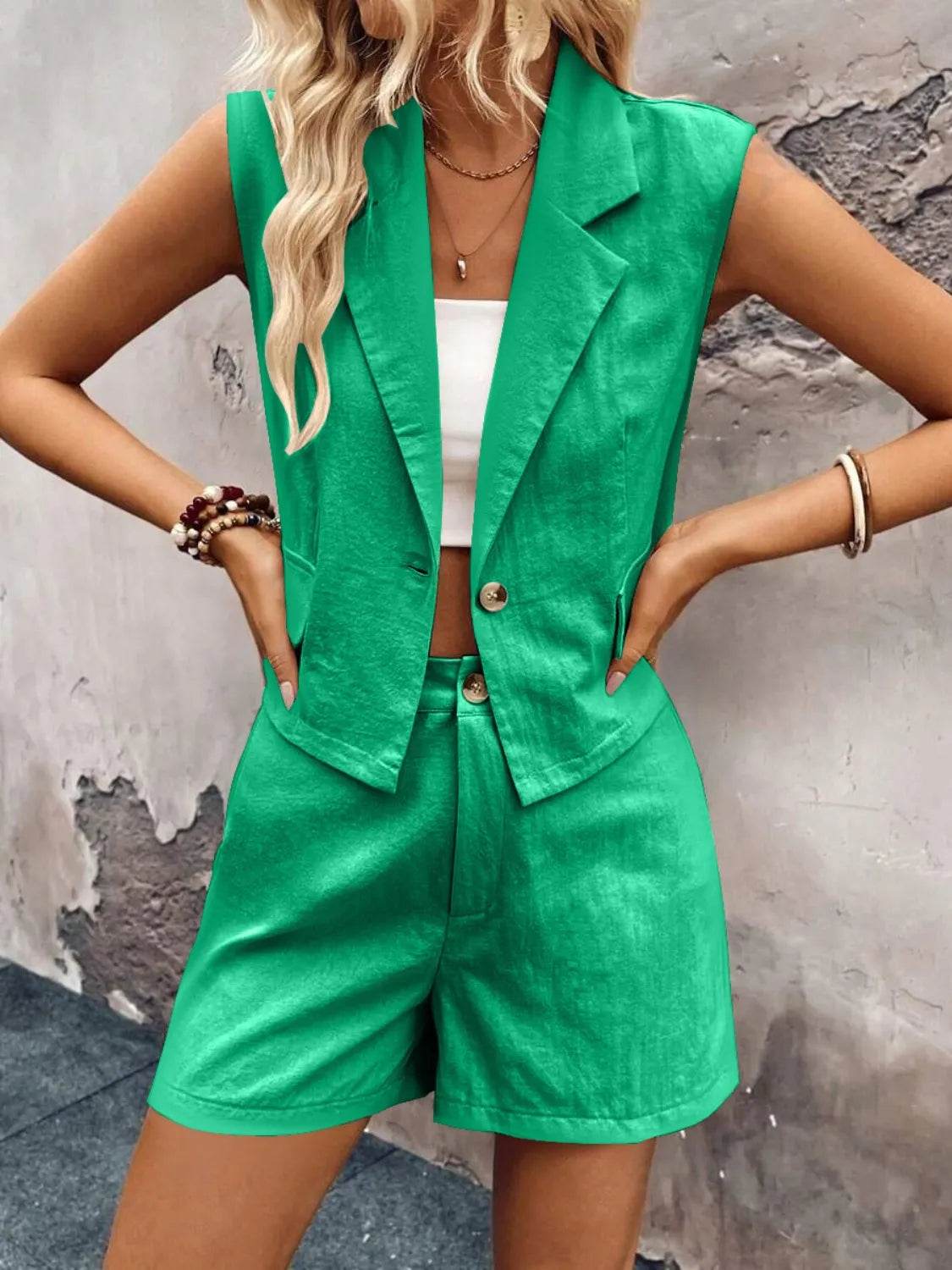 Lapel Vest and Shorts Set - MARIGOLD