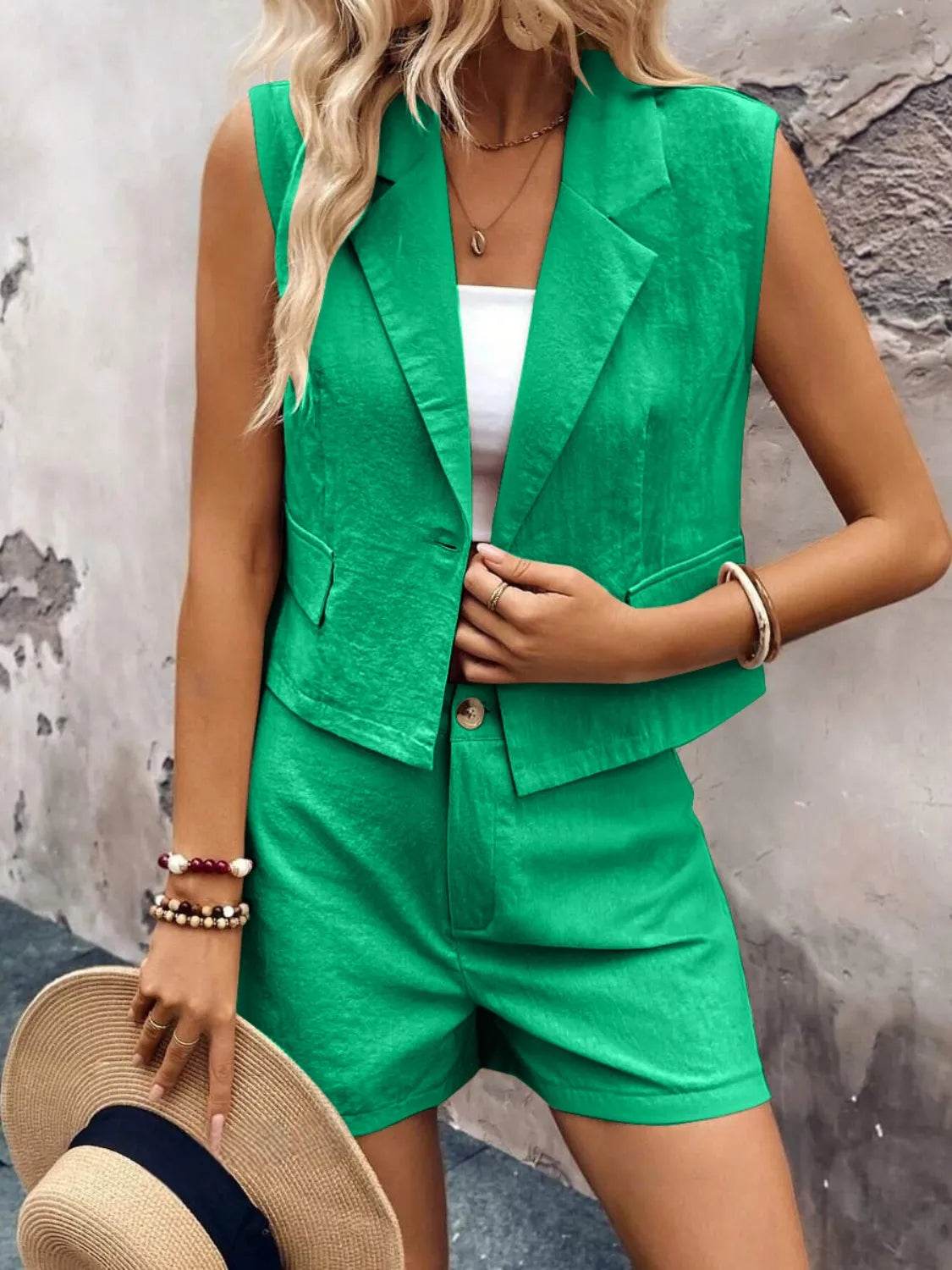 Lapel Vest and Shorts Set - MARIGOLD