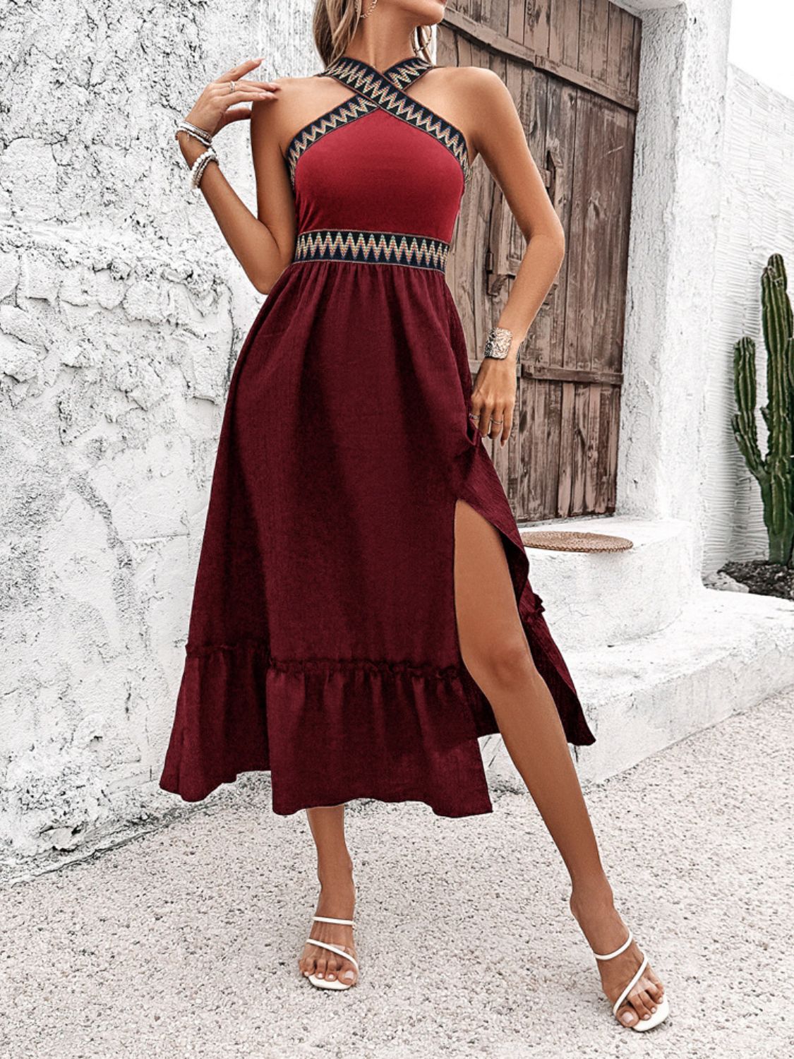 Devine Ruffled Slit Sleeveless Midi Dress - MARIGOLD