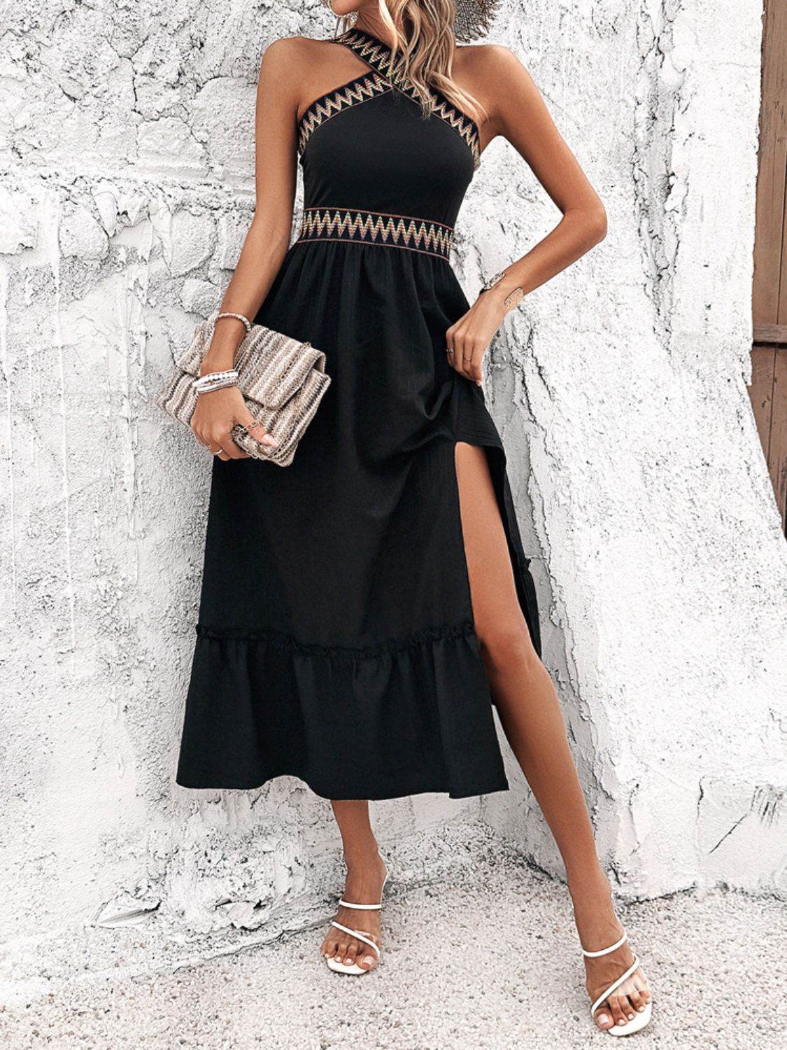 Halter Neck Ruffle Hem Midi Dress - MARIGOLD